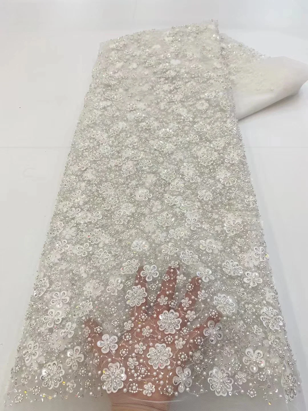 

5 Yards African Heavy Beaded Lace Fabric French Bridal Sequins Lace Fabric Luxury Nigerian Tulle Lace Fabric Couture Materiel