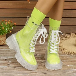 Fashion Women Rain Boots Pu Transparent Platform Boots Waterproof Ankle Boots Ladies Lace-up Waterproof Outdoor Shoes for Women