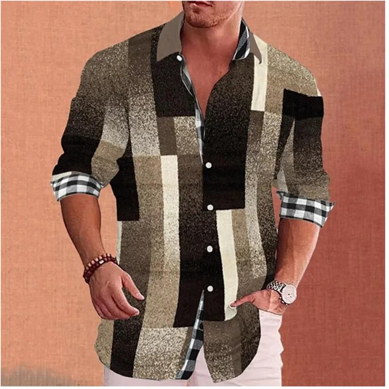 Fashion Men\'s Shirt Check Pattern Printed Geometric Lapel Shirt Outdoor Street Long Sleeve Streetwear Designer Casual S-6XL