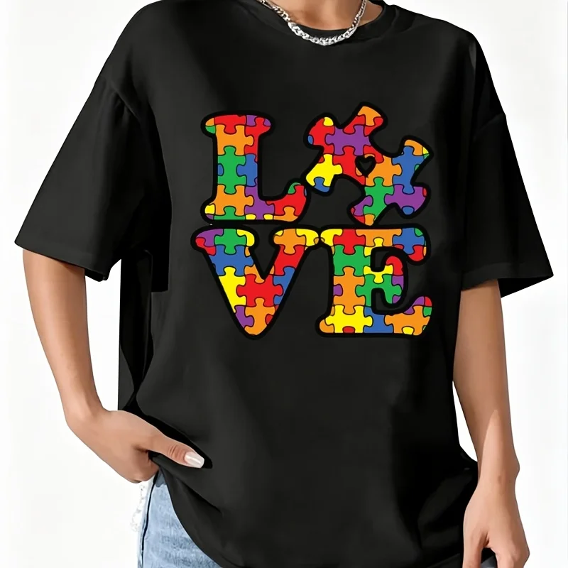 Autism Awareness Puzzle Piece Women's T-Shirt 100% Cotton Fun Print Short Sleeve Top Casual Round Neck Tee S-5Xl