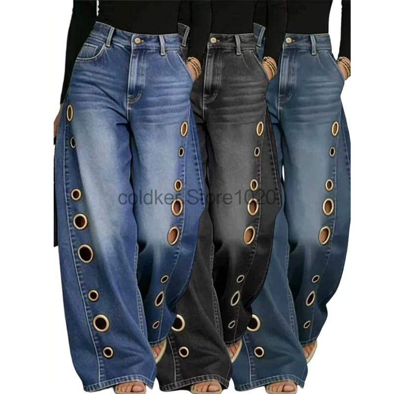 

New Vintage Jeans for Women Fashion Metal Buckle Hollow Out Y2K Streetwear Jeans Female Casual Trend Loose Wide Leg Pants