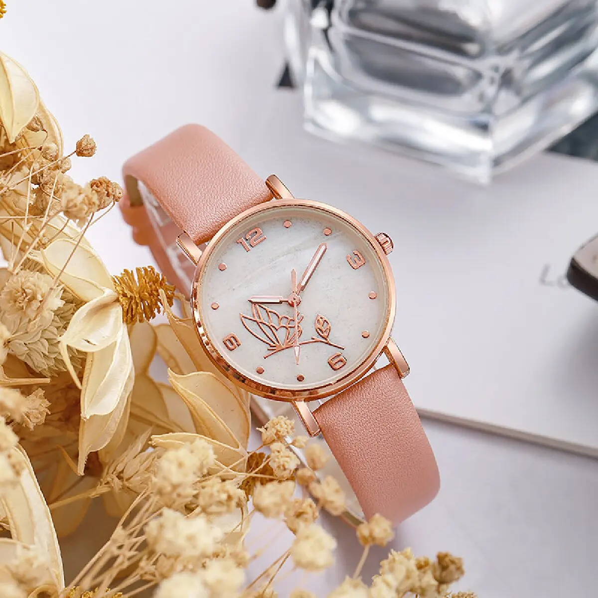 5PCS Set Women Butterfly Dial Watch Brand Female Clock Pink Leather Band Ladies Watches Fashion Casual Quartz Wrist Watches