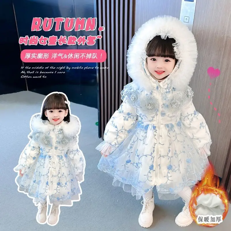 スイートロリータコットンコート-女の子用-冬用暖かいジャケット-レース付き-かわいい-厚手のアウターウェア-プリンセスフリース裏地付きフード付きコート