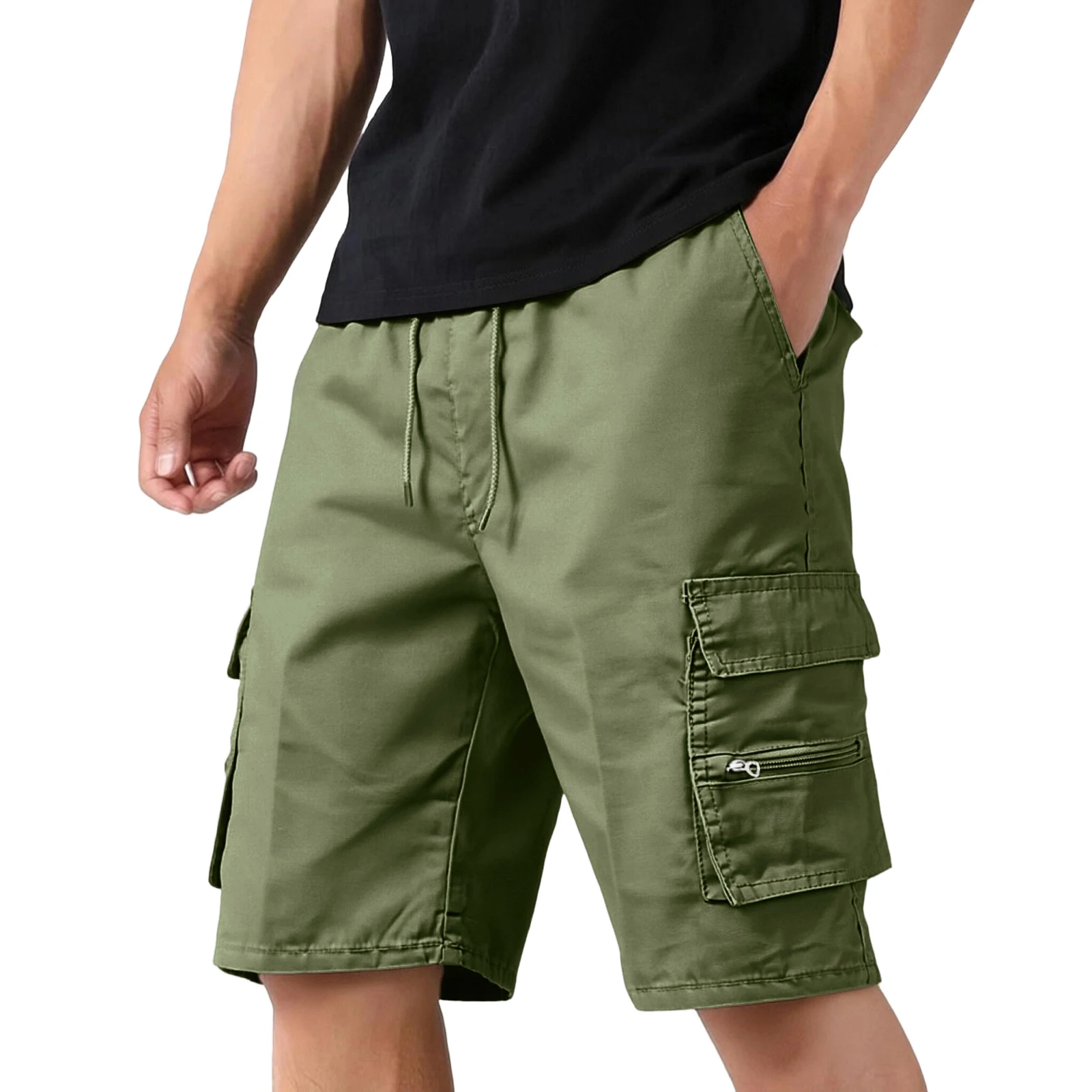 Men'S Casual Cargo Shorts Multi-Pocket Loose Fit Drawstring Waist Summer Outdoor Hiking Shorts Solid Camouflage Color Quick Dry