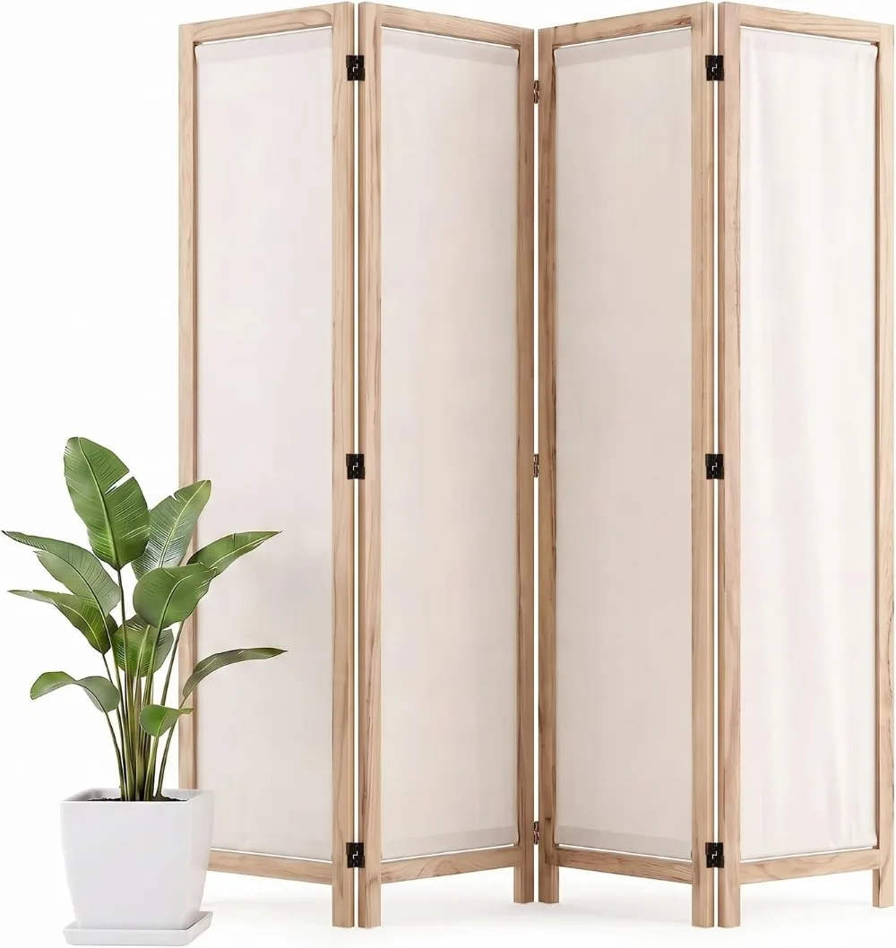 Wood Room Divider Panel with Linen Fabric, Boho Folding Privacy Screen 67