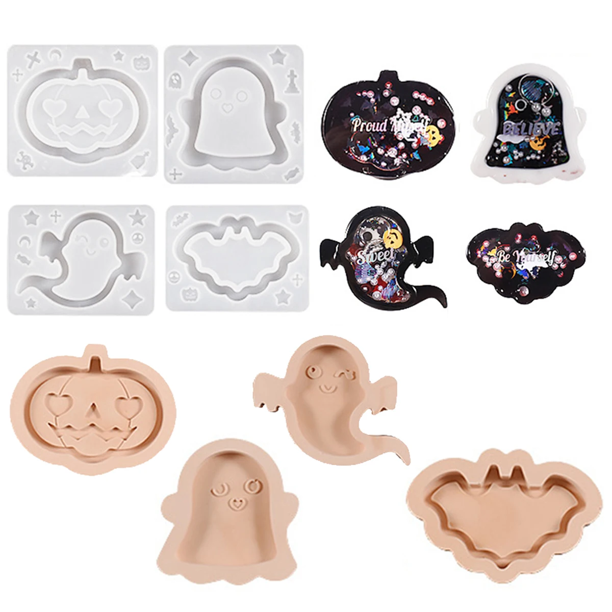 1pcs Halloween Ghost Devil Ghost Bat Pumpkin Flowing Sand Silicone Mold DIY Epoxy Resin Mold