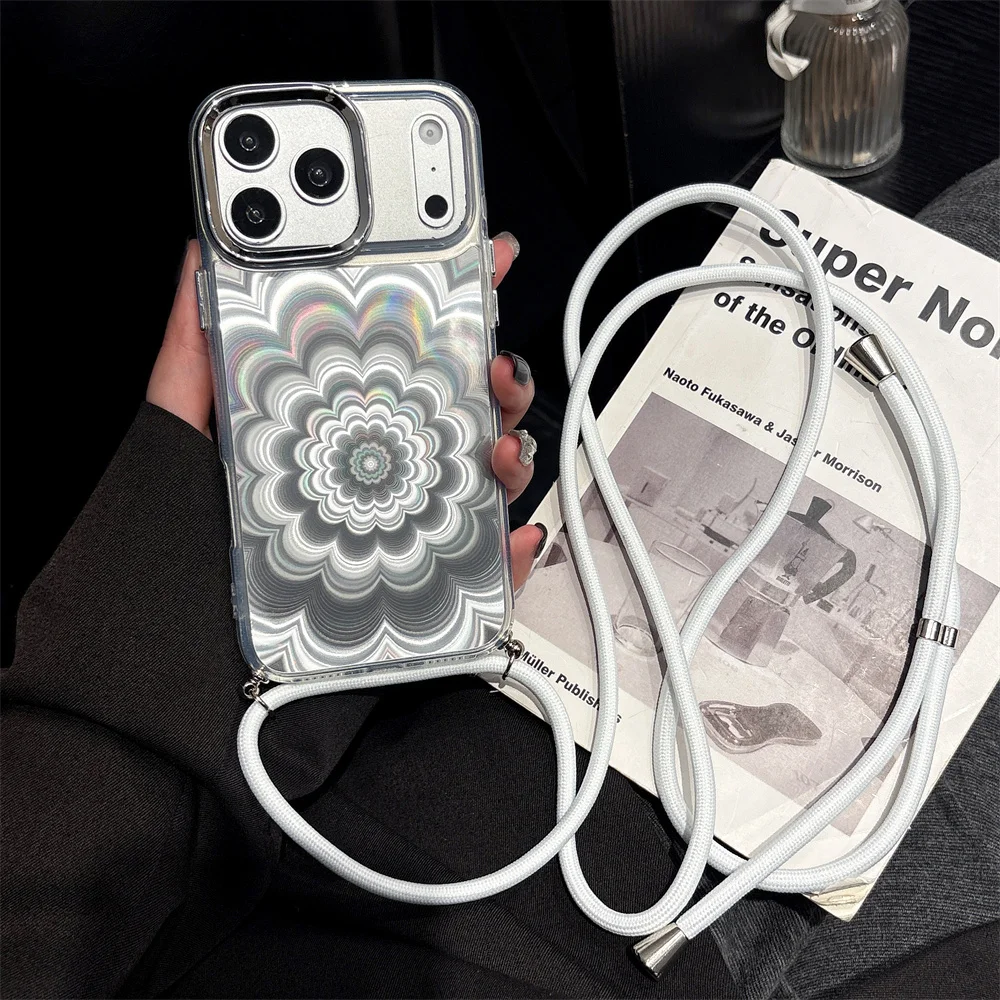 Crossbody Lanyard Blumen Aurora Glänzende Handyhülle für iPhone 17 16 15 14 13 12 11 Pro Max 7 8 Plus X XR XS Kaleidoskop-Cover