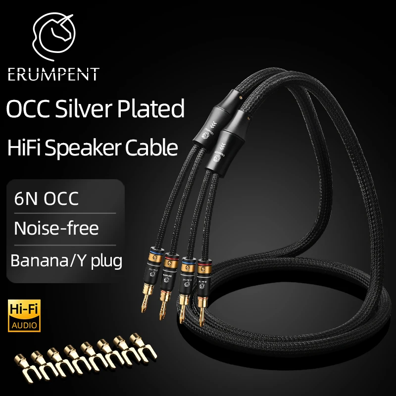 HiFi 6N OCC Silver Plated Speaker Cable Hi-end  Gold Plated Plug Noise Free with Banana/Y Convertible Plug for Speaker Amplifier