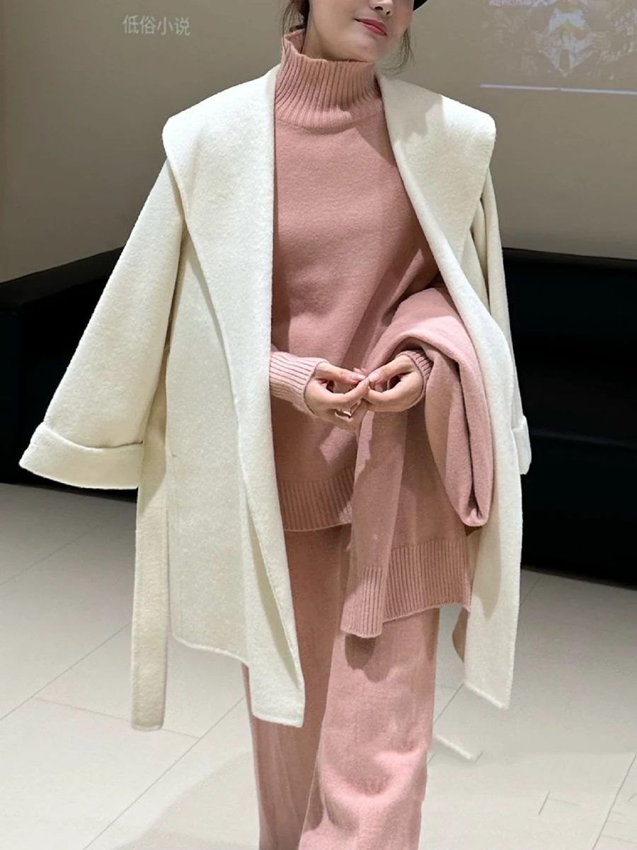 GALCAUR Solid Temperament Three Piece Sets For Women Knitted Sweater With Shawl High Waist Wide Leg Pants Casual Suit Female New