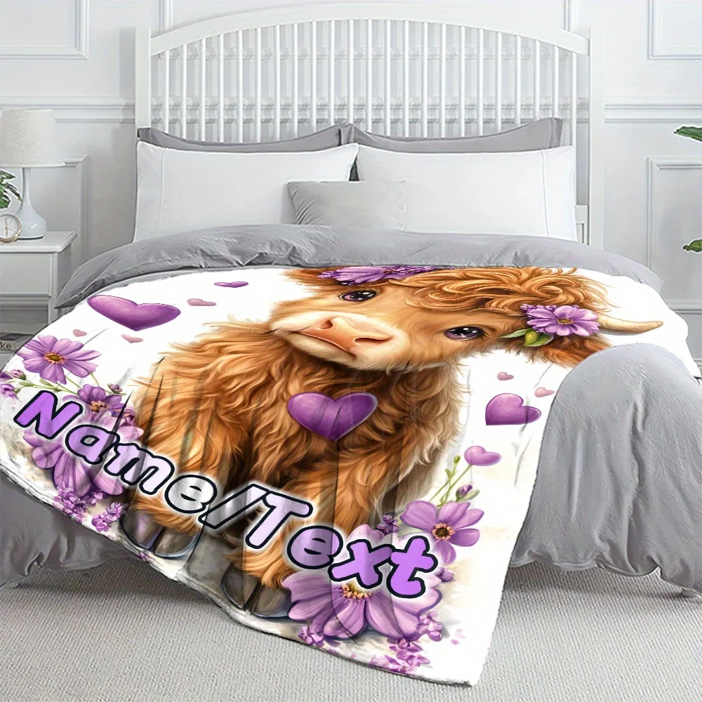 Фланелевое одеяло с индивидуальным именем Highland Cow Design, всесезонное, легкое, идеально подходит для дивана, спальни, офиса, путешествий