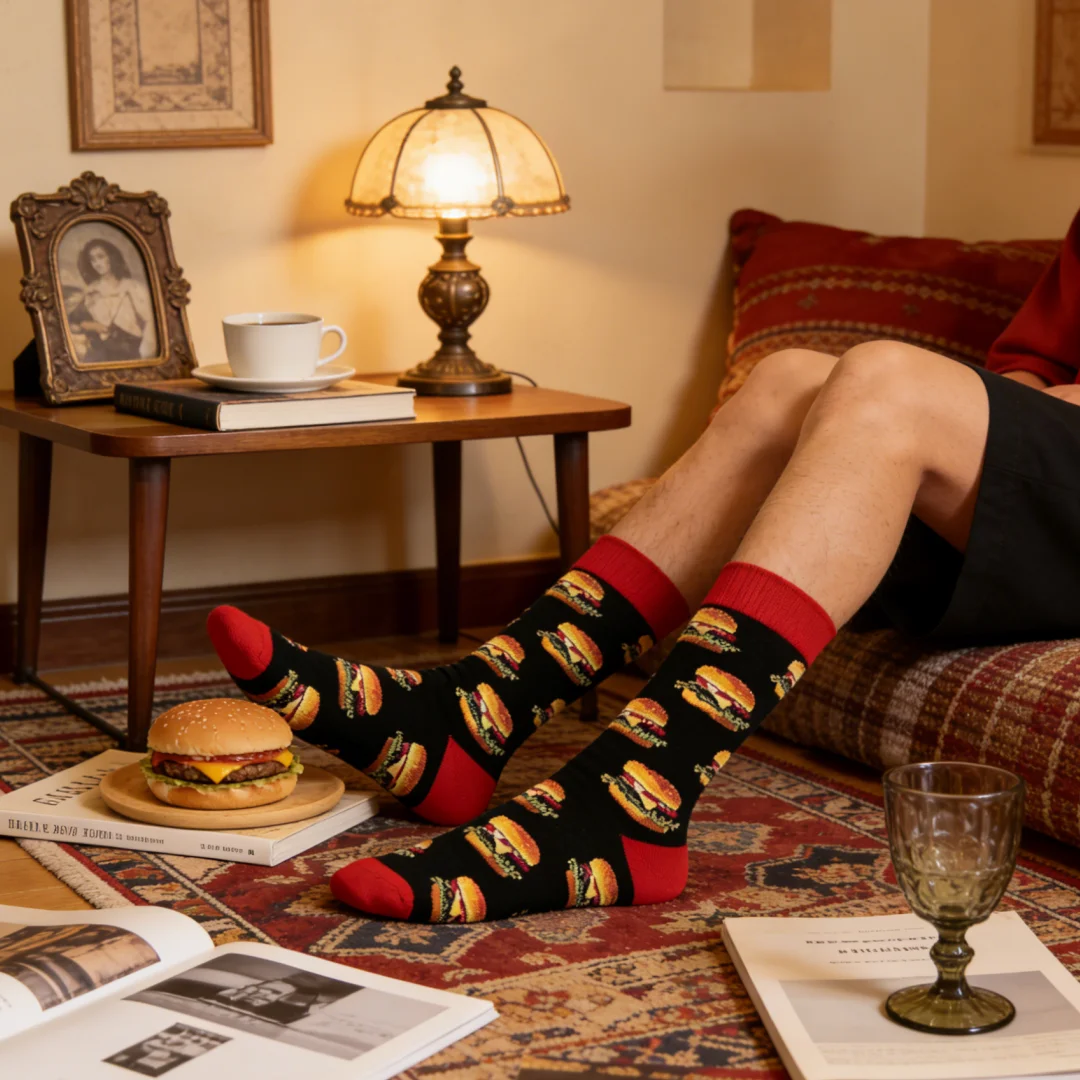

1 пара носков до середины икры с полноцветным принтом в виде гамбургера; модные и стильные, подходят для любого сезона.