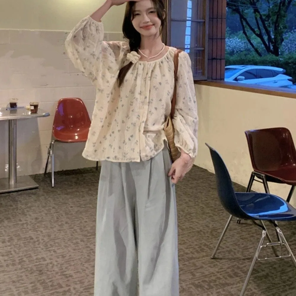 Blusa de manga larga plisada de estilo coreano Ins blusa Floral de encaje dulce camisa Casual suelta mujer primavera otoño