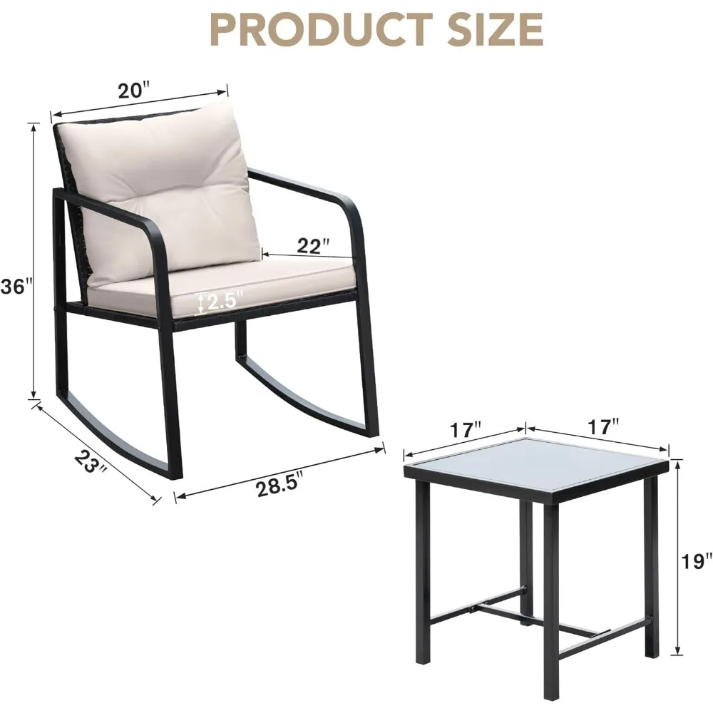 3-teiliges Schaukel-Bistro-Set aus Korbgeflecht, Terrasse, Gartenmöbel, Veranda, Stühle, Gesprächssets mit Glas-Couchtisch (Beige)