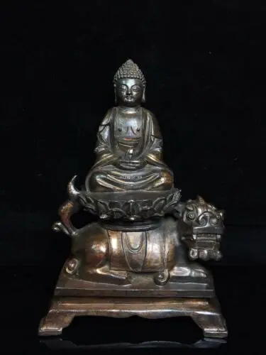 12 inch old bronze buddhism Sakyamuni tathagata Amitabha buddha back beast