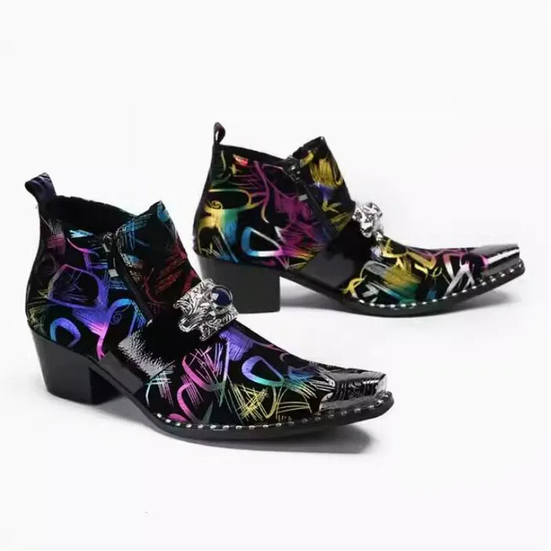 

Rock Style Blue Gem Studs Multi Painting Graffiti Pointed Iron Toe Leather Shoes Flat Bar Man Zapatos Caballero Dress Shoes