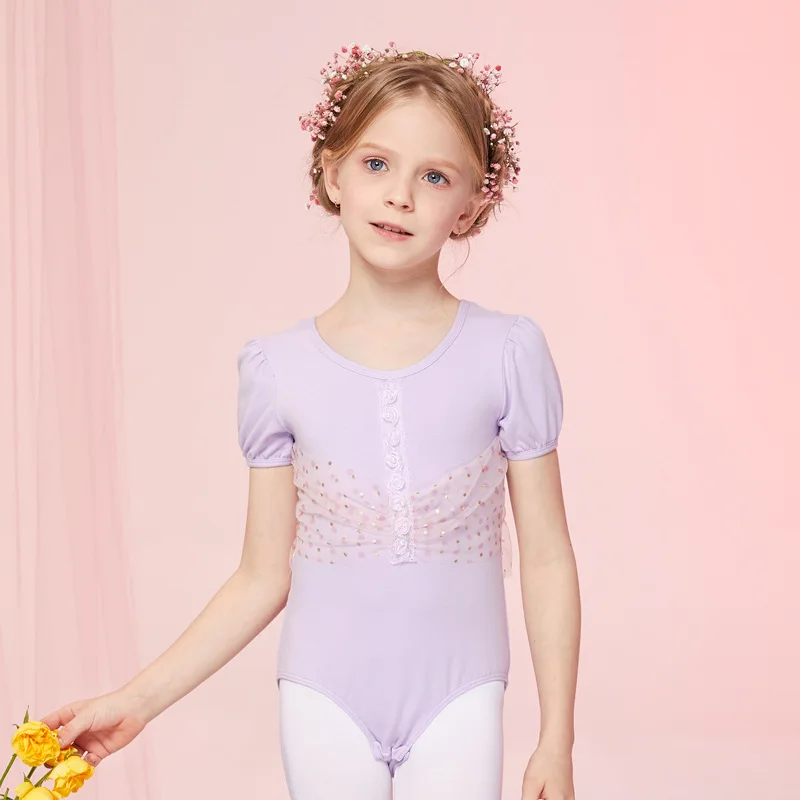 Vêtements de danse de Ballet pour enfants filles, justaucorps de gymnastique, Costume de danse Bailarina, sangle en maille au dos, manches courtes, danse en dentelle