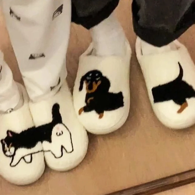 Dachshund Embroidery Print Plush Slippers For Home Warmth Thick Sole Ladies Lamb Wool Slippers Cartoon Cat Couple Cotton Slipper