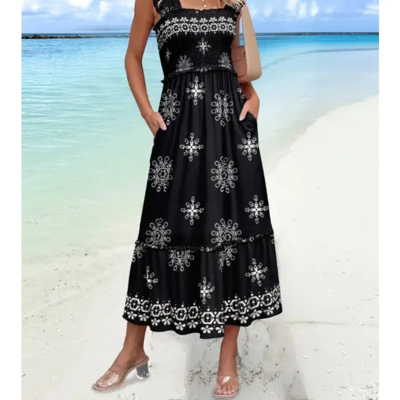Robe mi-longue élégante sans manches pour femmes, nouvelle mode, cintrée à la taille, Style vacances, imprimé floral, taille élastique
