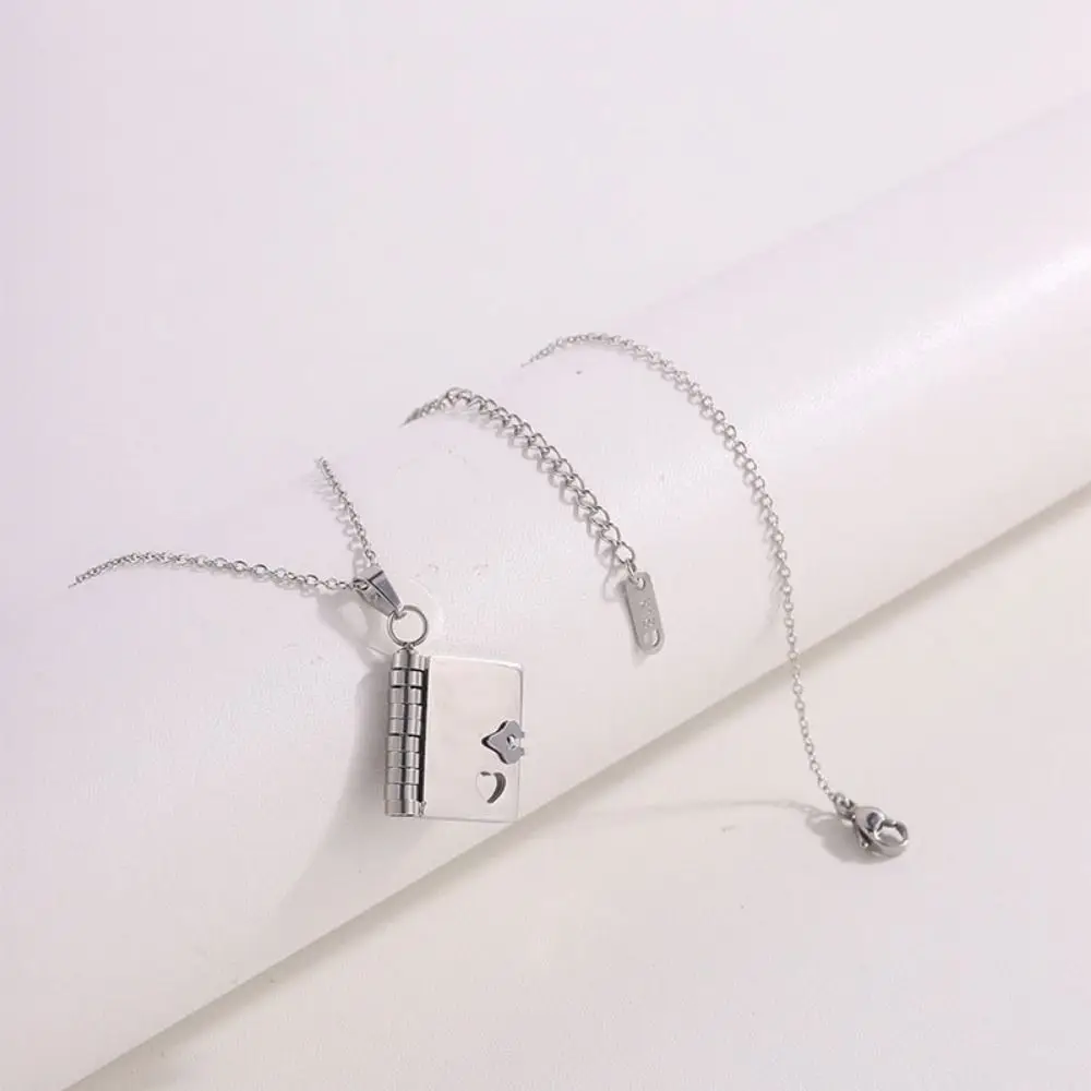 Stainless Steel Book Pendant Necklace Metal Neck Jewelry Women's Sweater Chain Charm Openable Lovers Choker Necklace Couple