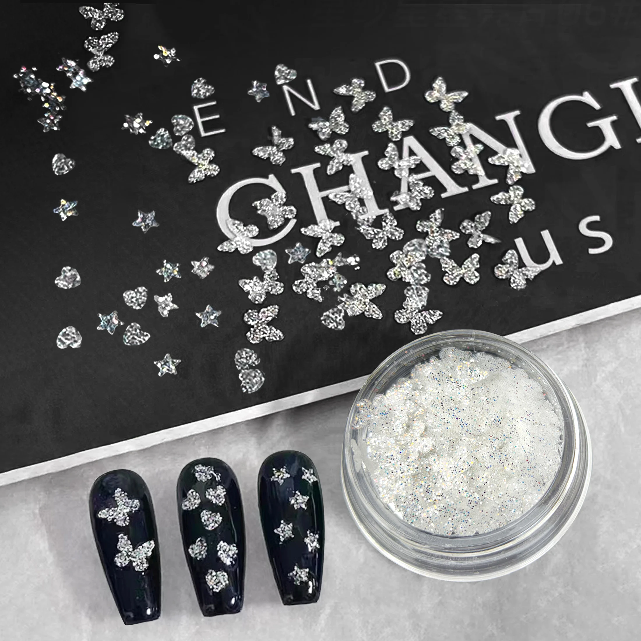 Paillettes 3D pour décoration des ongles, 1 boîte, blanc, vert, papillon, étoile, N64.Nail Salon