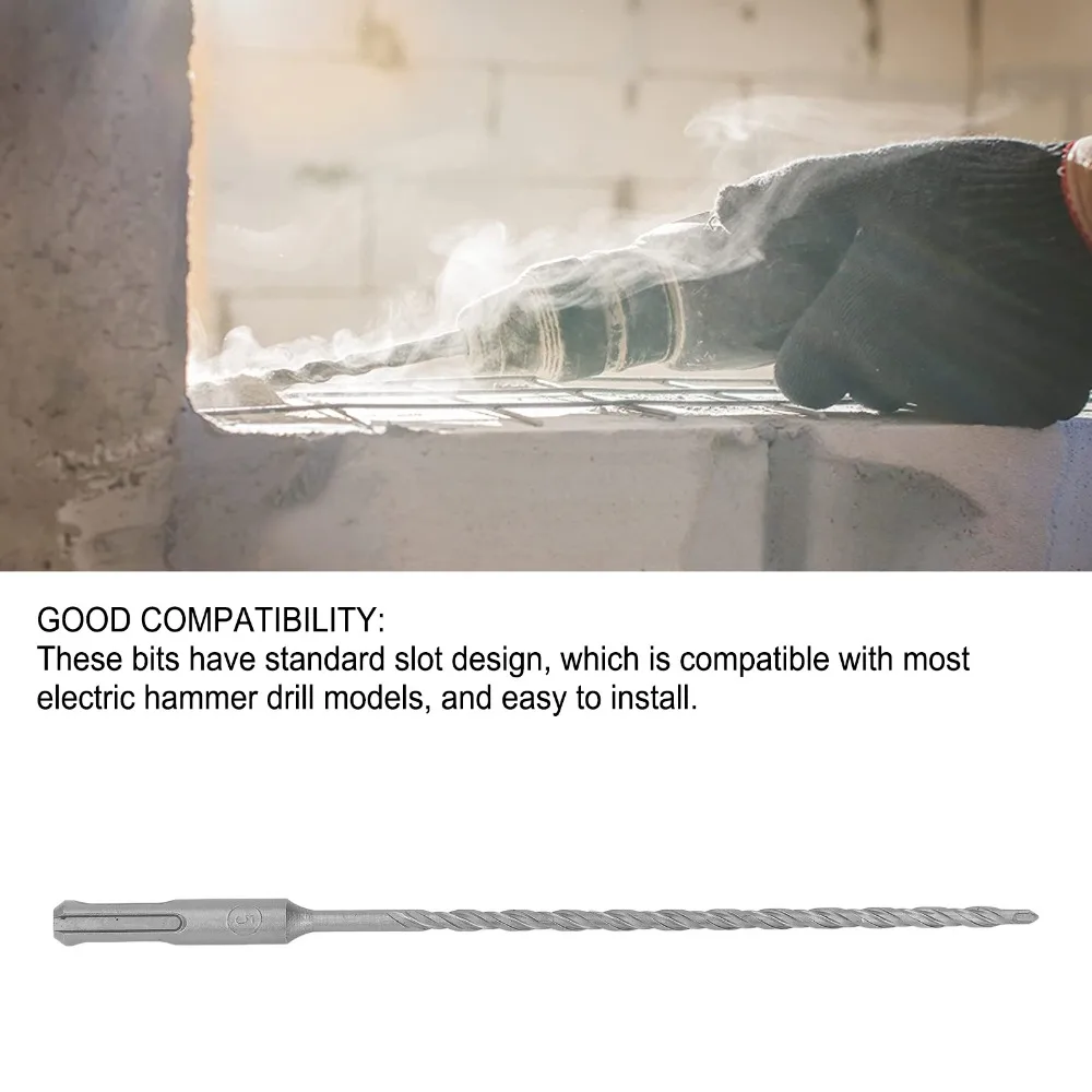 5pcs Carbide Tip Impact Drill Bits Double Flute Spiral 210mm Length Concrete Drill Bit Kit Cross-Type Double Thread