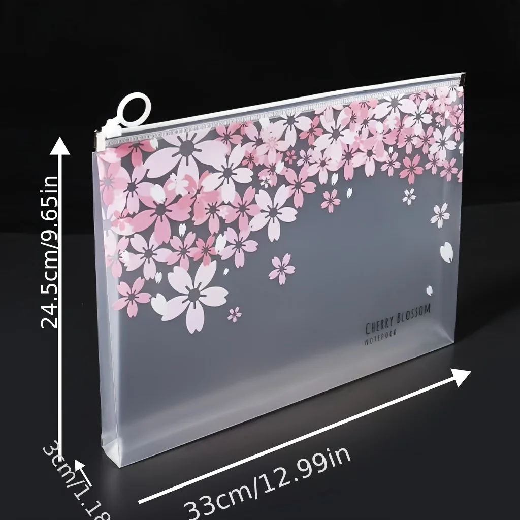 4 A4 Waterproof Cherry Blossom File Storage Zipper Bags, Used for Organizing Learning and Office Supplies, Family Travel Storage