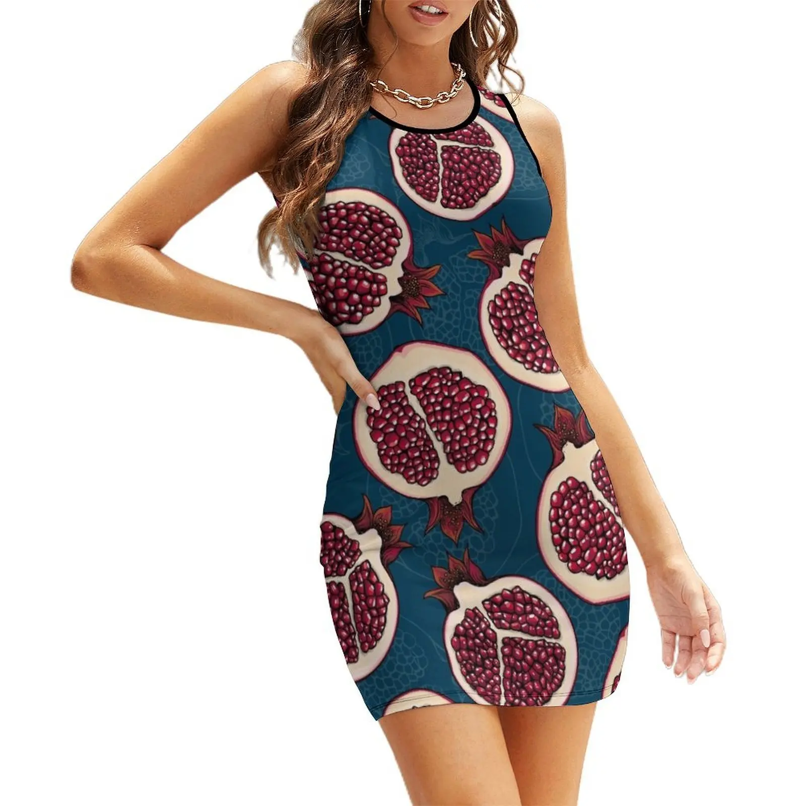 

Pomegranate slices Sleeveless Sundress dress party evening elegant luxury celebrity dress women summer evening dress woman