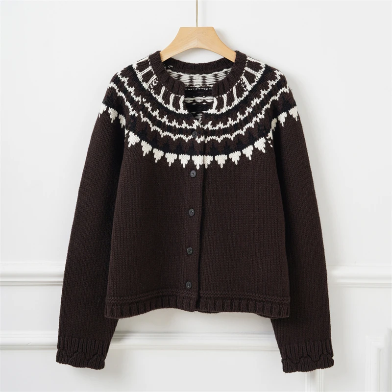 

2026 Spring New Women's Fair Isle Jacquard Sweater Wool Blend Knit Cardigan High-Quality Fashionable Casual Loose Knit Top