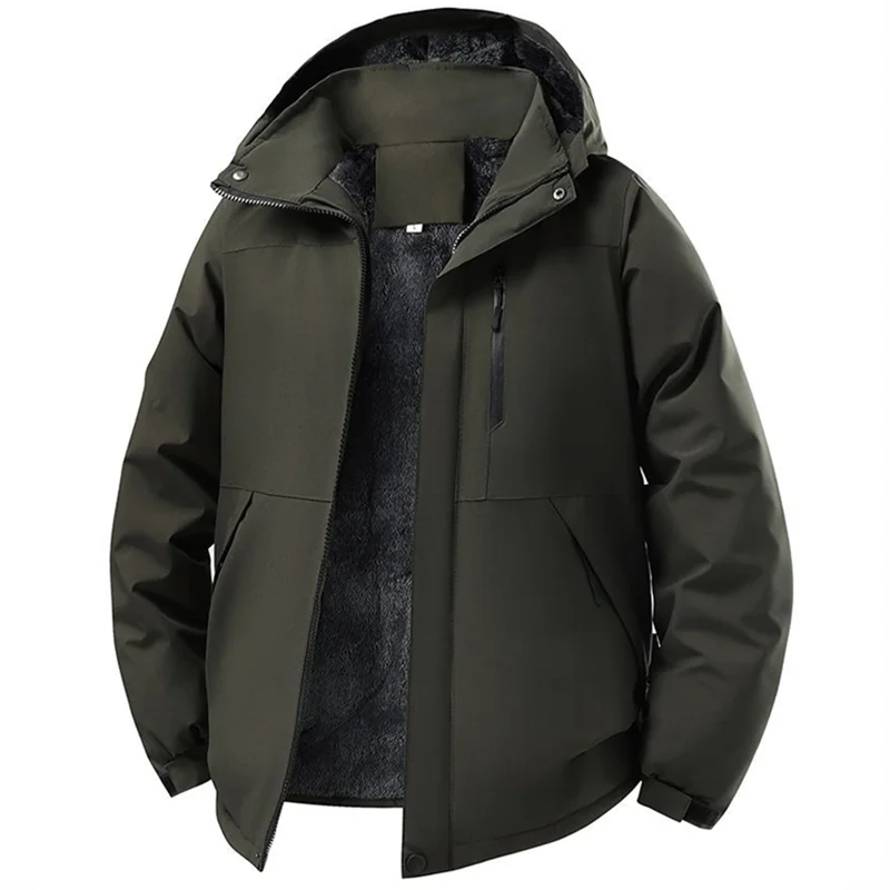 Winter Detachable Windproof Hooded Men Jacket Fleece Lining Cold Protection Outdoor Clothing Loose Soft Shell Waterproof Coat