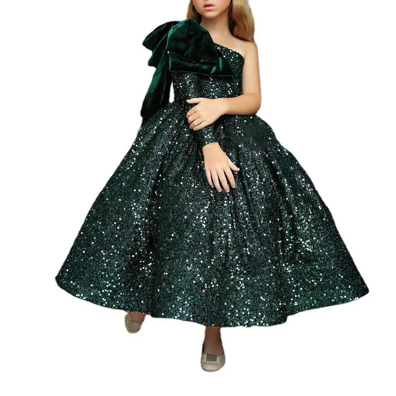 Child Girls Evening Sequins Dress for Birthday Wedding Cocktail Party Costume Green Sequins One Shoulder Long Dresses 3 12 Years