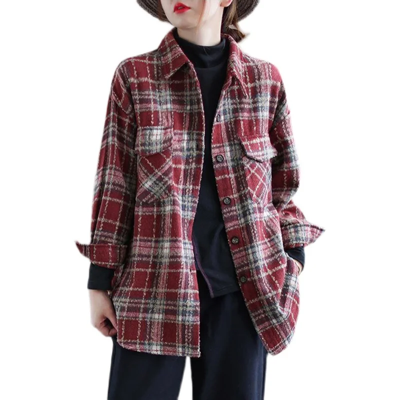 Thiened حجم كبير طويل Sve منقوشة irt ريترو تويد معطف فضفاض المرأة Busin عادية القطن طوق زر حتى معطف