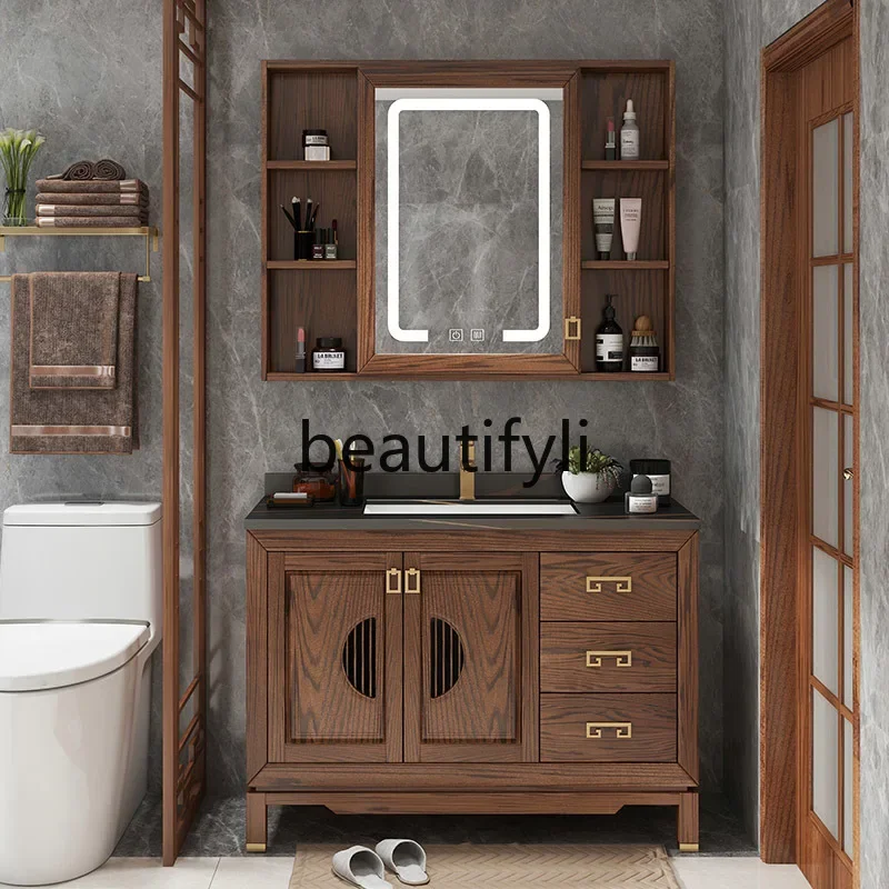 

New Chinese red oak bathroom cabinet Solid wood smart mirror bathroom cabinet Toilet floor washbasin cabinet