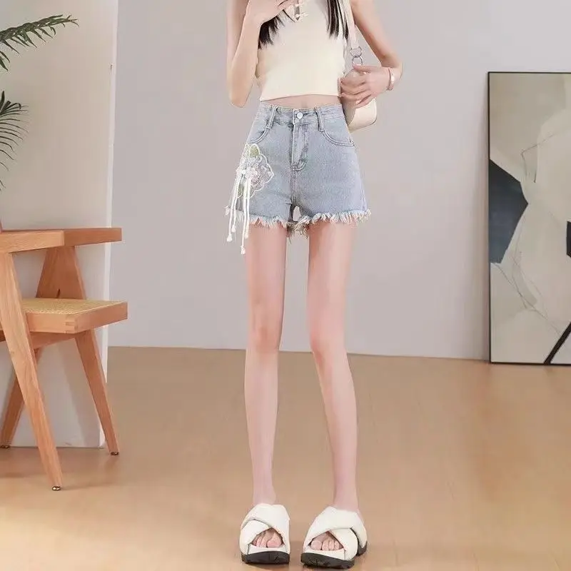 Chinese Style Denim Shorts for Women High Waist Embroidered Fringe Design Summer Thin Trendy Hot Pants 2026 New