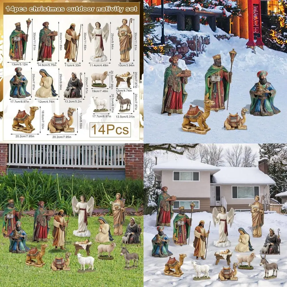 

Металлический набор уличных рождественских сцен, высота 11,9, 14 предметов, атмосферостойкие украшения для газона, знаки для двора Святой семьи на Рождество