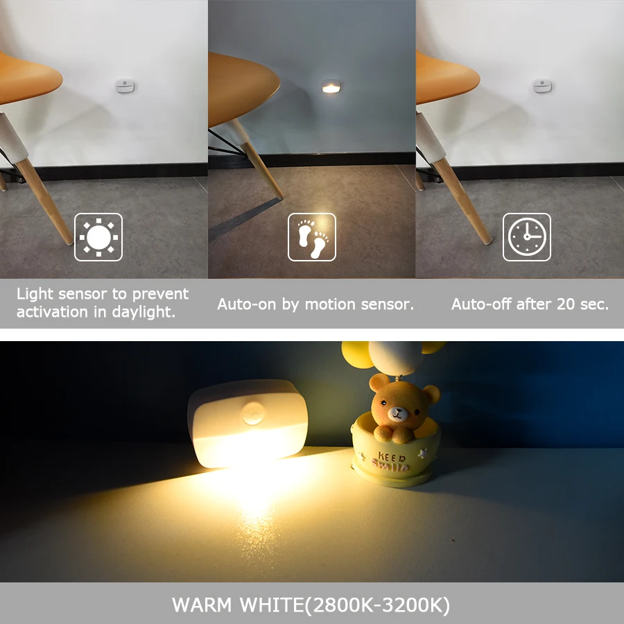 Motion Sensor Night Light EU Plug In Motion Detector 220V Socket Lamp LED Battery Powered for Bedside Closet Aisle Hallway Stair