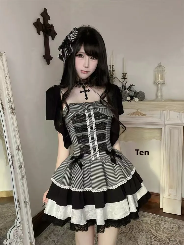Gothic Style Summer Light LO Dress Window Letter Short Sleeve Double Color Cardigan Set Female Fashion College Style Printed ...