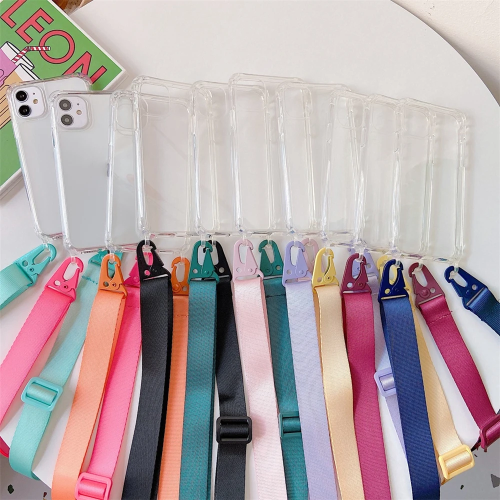 Luxury Transparent Crossbody Necklace With Lanyards Phone Case For iPhone 16 15 Pro Max 14 13 12 11 XR X 8 Plus Shockproof Cover