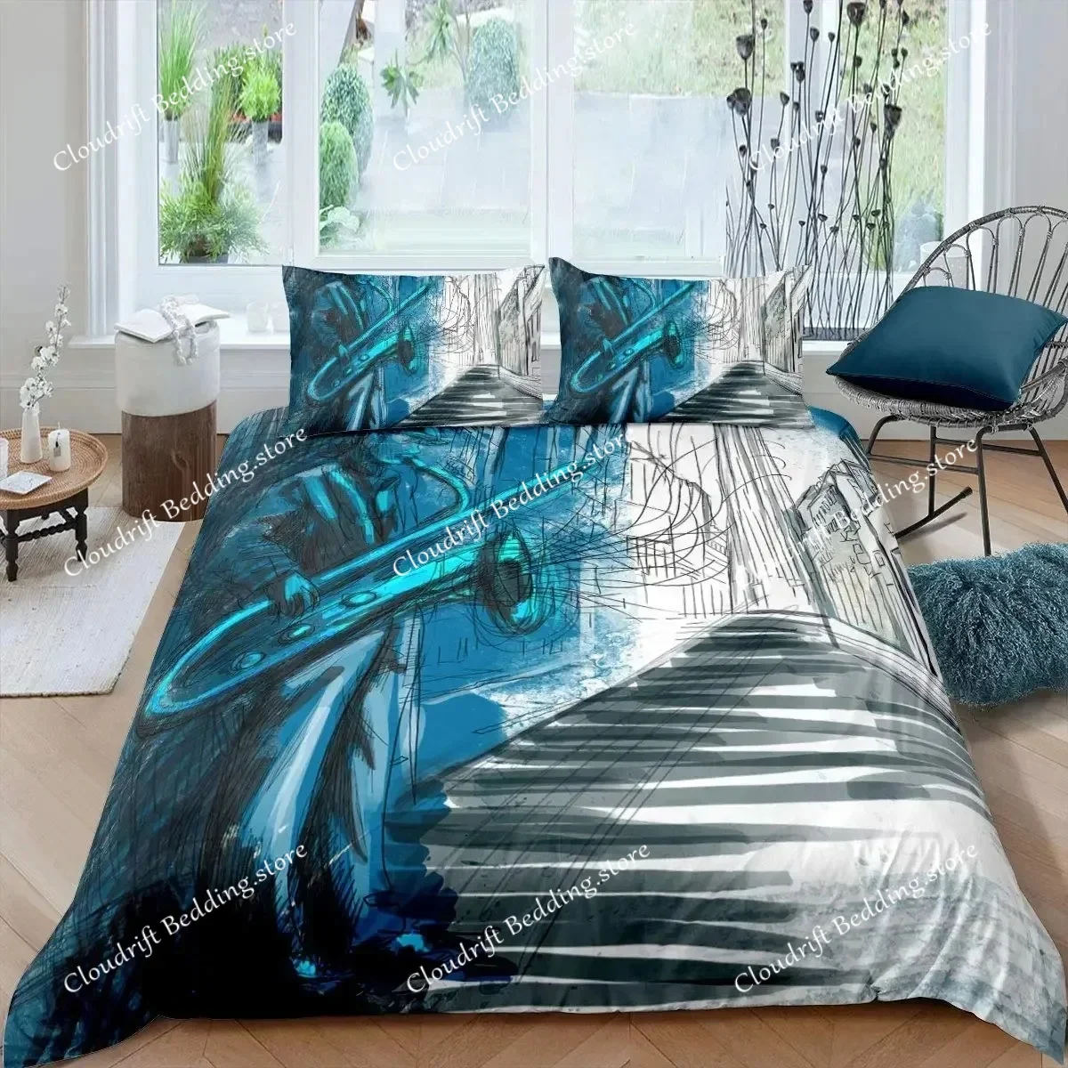 

Saxophone Duvet Cover Set Rotating Musical Notes Bedding Set Musical Instrument Retro Jazz Music Twin 3D Quilt Cover for Kids