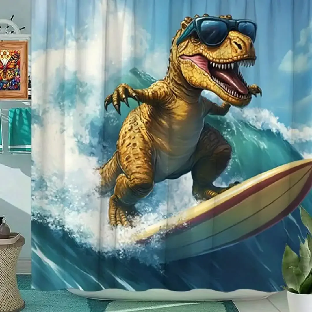 Cool Dinosaur Surfing With Sunglasses Shower Curtain Machine Washable All Season Waterproof Privacy Protection  Hooks Included