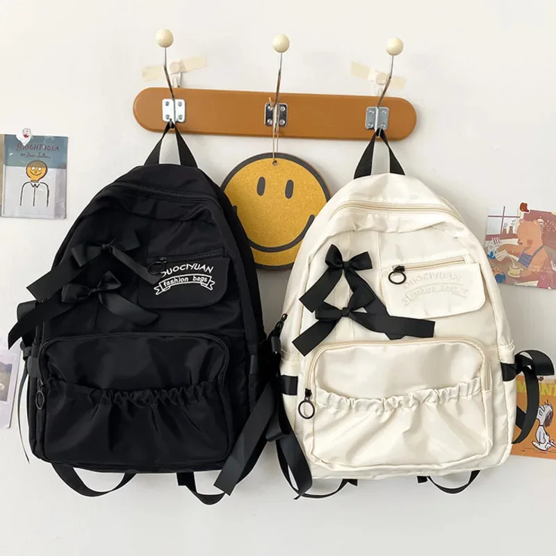 Y2K Bow Oxford Backpacks Korean Waterproof Lightweight Cute Blocking Bag Simple Casual Pleated Student High Capacity Backpacks