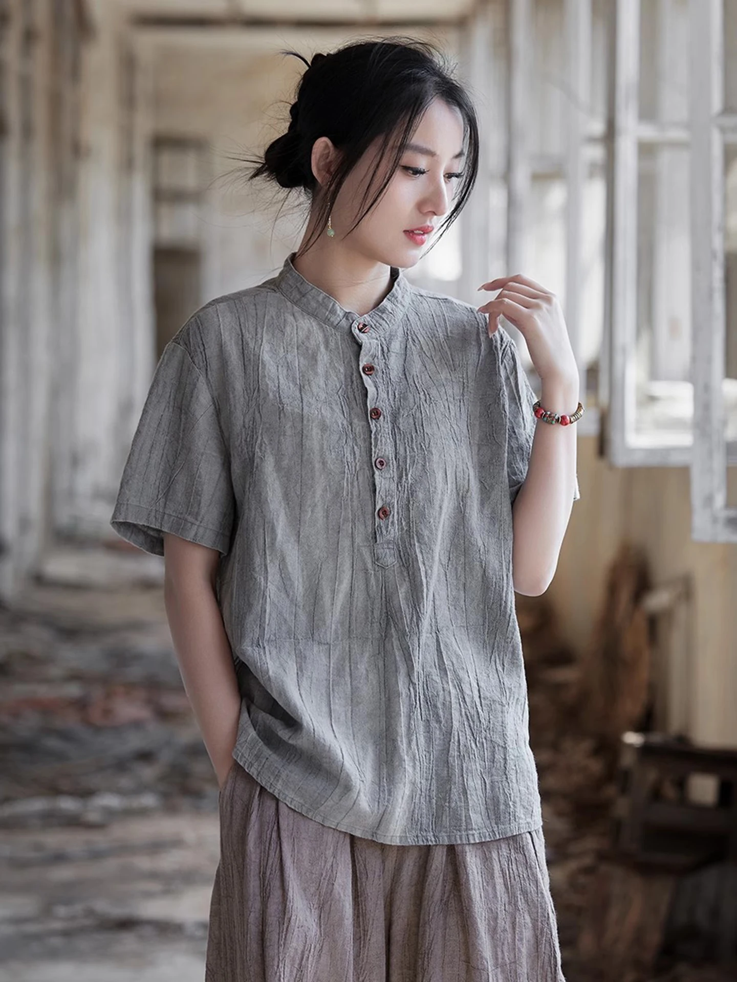 Cotton Linen Short Sleeve Shirt Women's Summer 2026 New Style Tie Dye Chinese Style Loose Fit T-Shirt Breathable Moisture Wic...