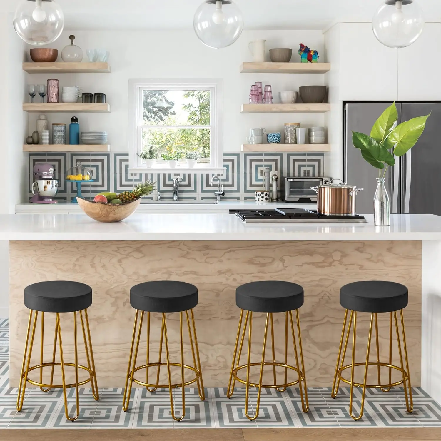 バースツール 4 個セット、ベルベットラウンドカウンタースツール、ブラック、背もたれなしキッチンダイニングルームパブカフェチェア