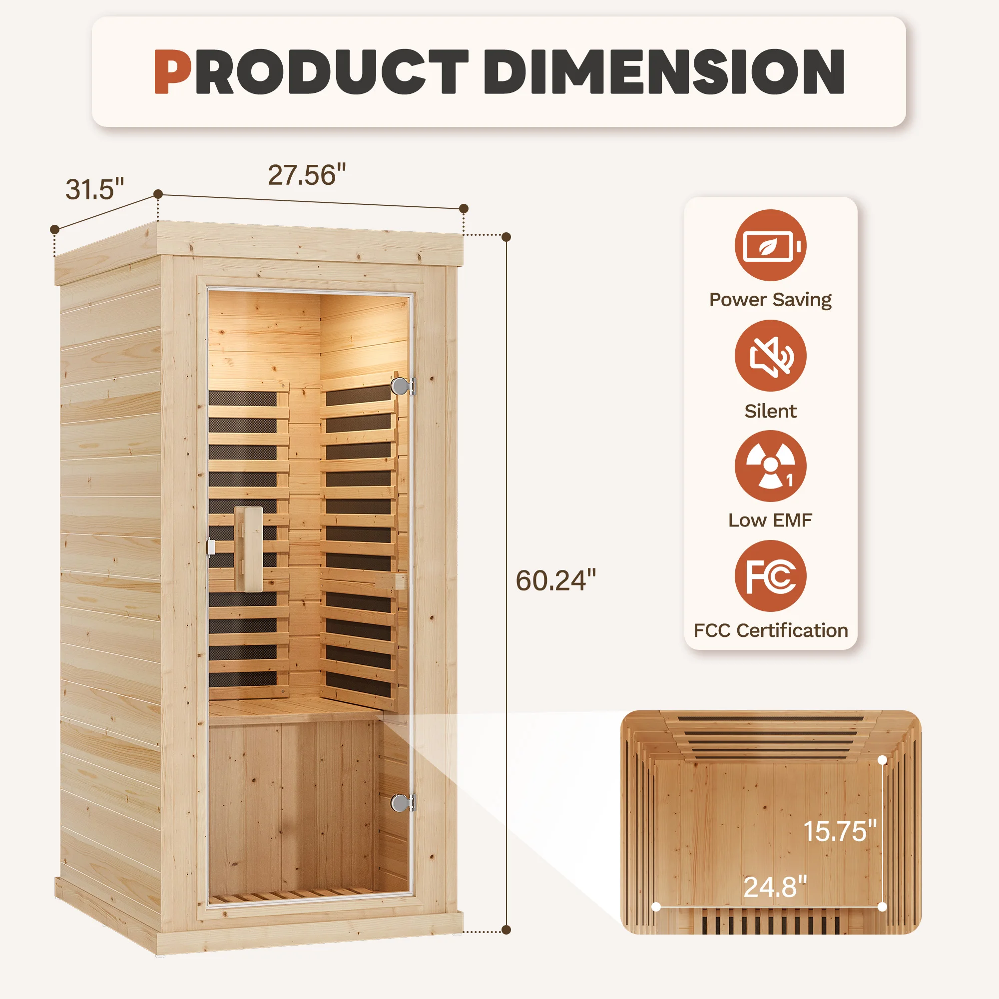 Polar Aurora 1 Person Indoor Sauna Spectrum Infrared Sauna Easy to Install, Sauna in Spruce Wood with Tempered Glass Door, LED Lighting and Digital Control, for Home Spa & Relaxation