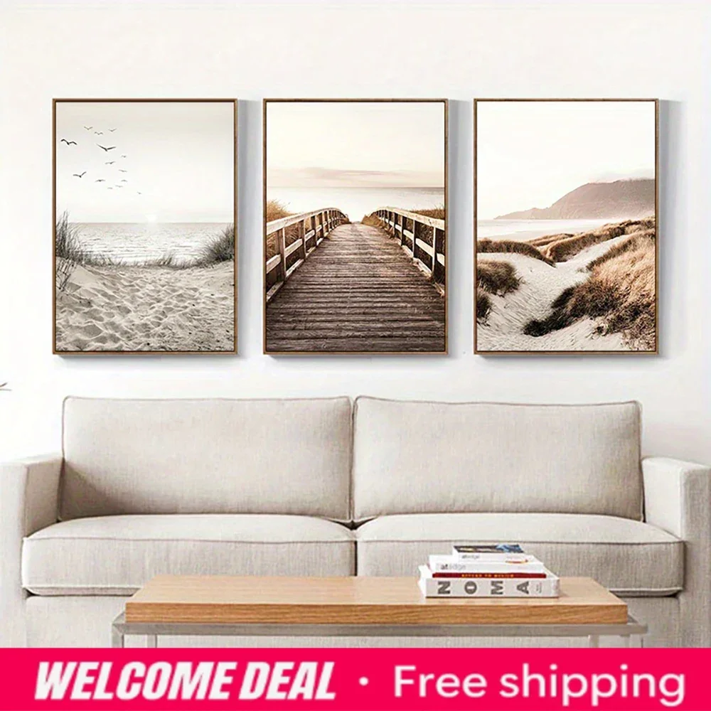 3 Pieces Neutral Beach Canvas Wall Art Wooden Path Dune Seagull Ocean Scenery Print For Living Room Decor