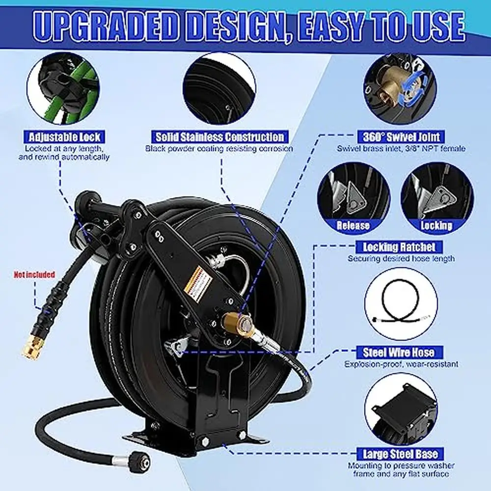 Steel Dual Arm Auto-Retractable High Pressure Washer Hose Reel 3/8