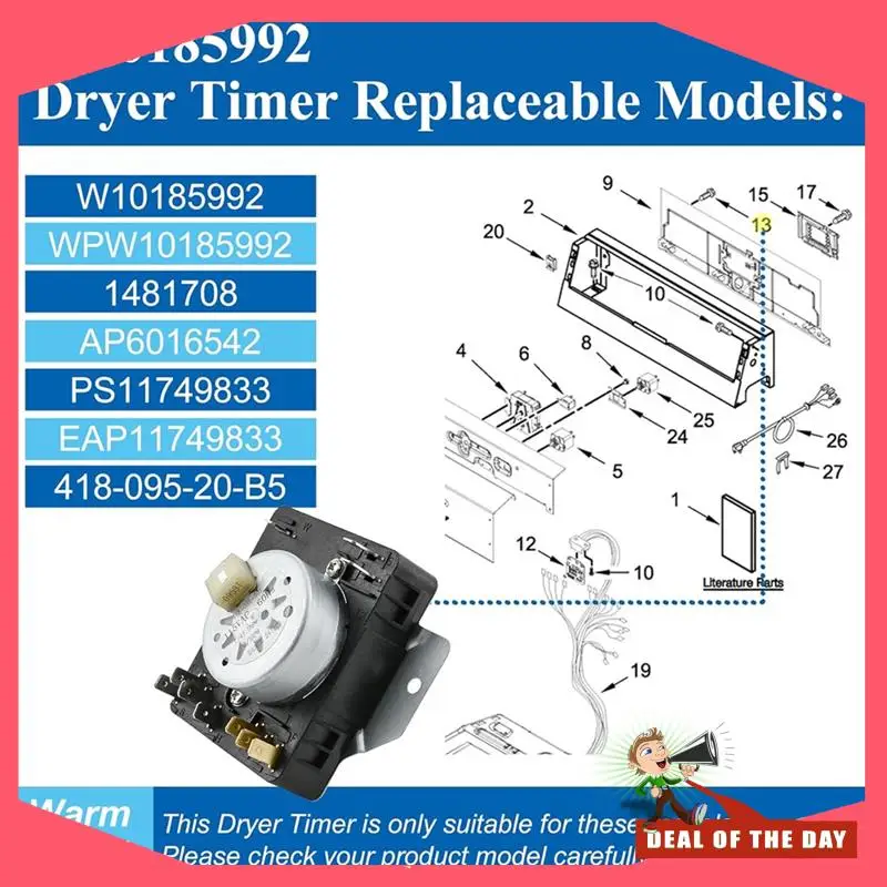 تسليم 24 ساعة لجزء استبدال مؤقت المجفف Maytag W10185992-وضع نماذج 418-095-20-B5 MEDC465HW0 MGDC465HW0 لدوامة