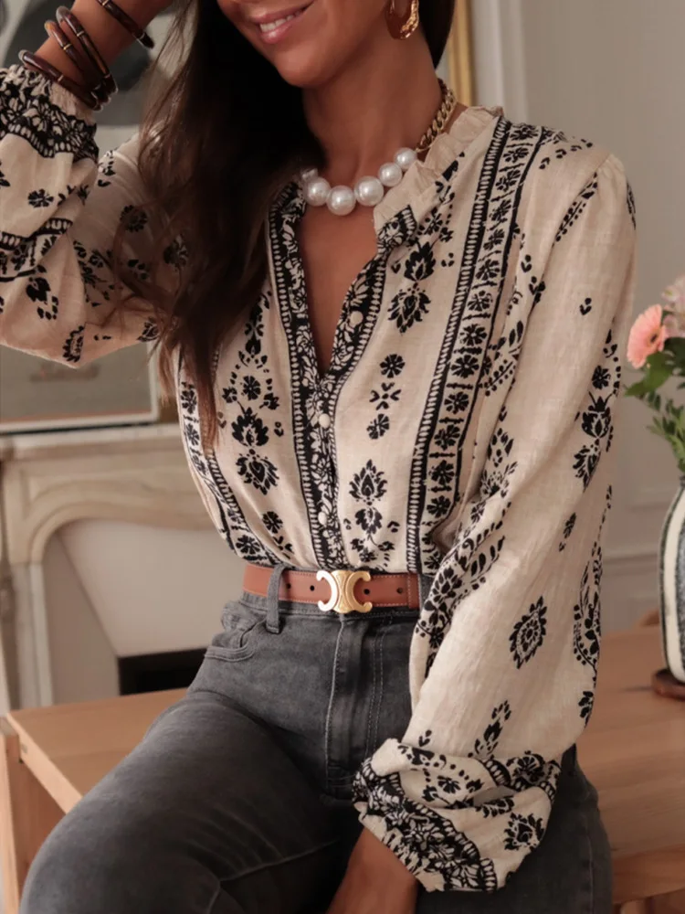 Casual Printed Lace Round Neck Long Sleeve Cardigan Shirt Women 2025 Summer Loose Retro Button-up Shirt Top Women