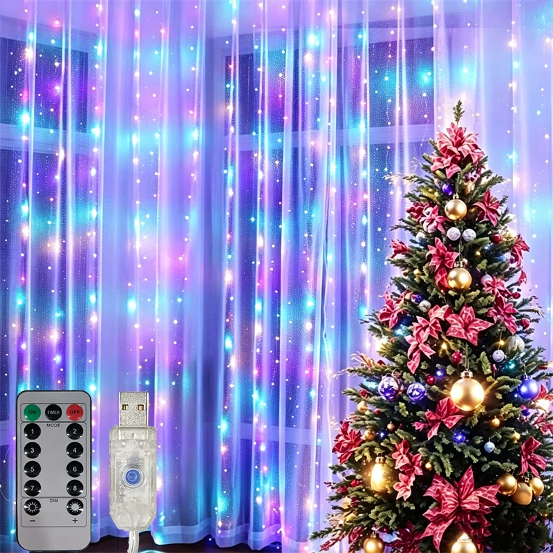 USB Plug Curtain String Lights 8 Modes Fairy Light Party LED Lights with Remote Control Bedroom Wedding Christmas Decoration