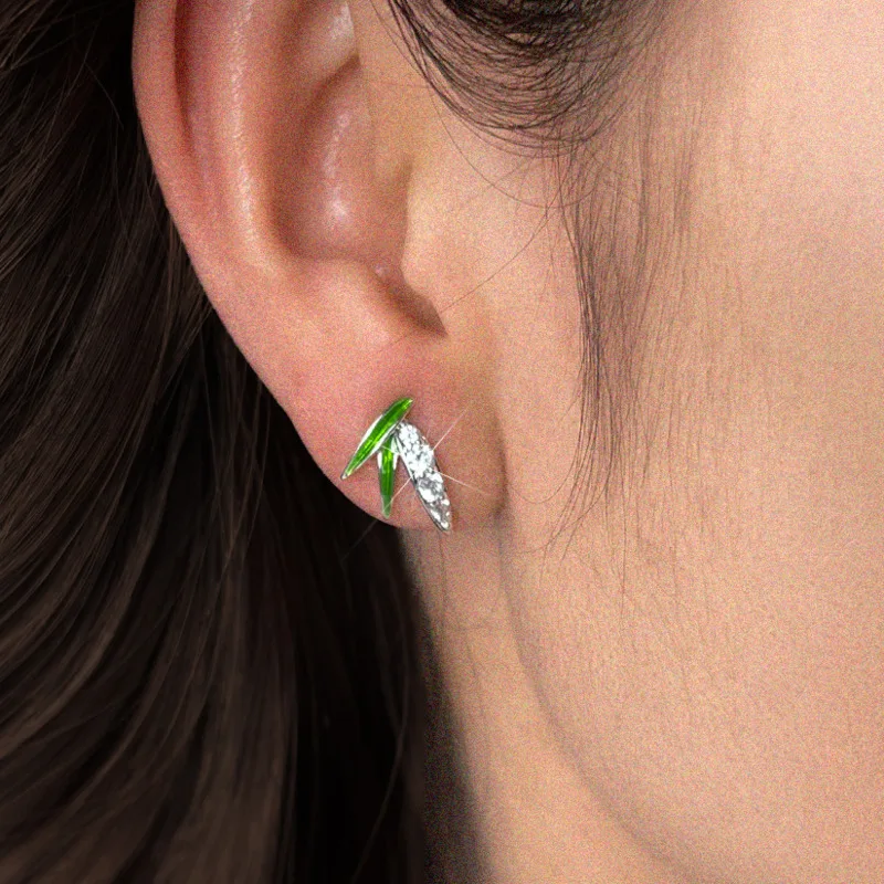 

BR Chinese Style Thick Gold Plated Zirconia Bamboo Leaf Earrings, S925 Silver Stud with Enamel Glaze for Women