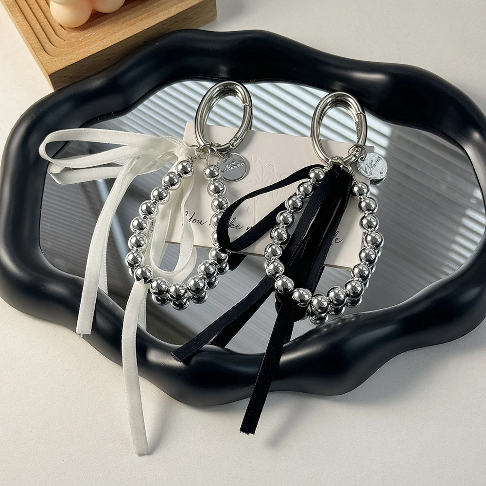 Silver Acrylic Bead Keychain Black White Ribbon Bow Decoration Bag Pendant Ornament Korean Style Simple Keyring Bag Accessories